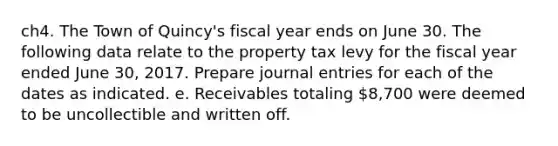 ch4. The Town of Quincy's fiscal year ends on June 30. The following data relate to the property tax levy for the fiscal year ended June 30, 2017. Prepare journal entries for each of the dates as indicated. e. Receivables totaling 8,700 were deemed to be uncollectible and written off.