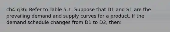 ch4-q36: Refer to Table 5-1. Suppose that D1 and S1 are the prevailing demand and supply curves for a product. If the demand schedule changes from D1 to D2, then: