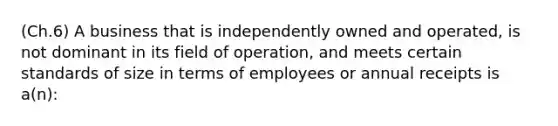 (Ch.6) A business that is independently owned and operated, is not dominant in its field of operation, and meets certain standards of size in terms of employees or annual receipts is a(n):