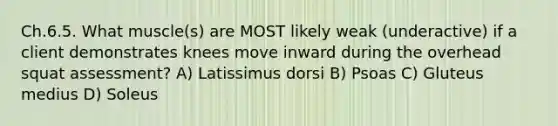 Ch.6.5. What muscle(s) are MOST likely weak (underactive) if a client demonstrates knees move inward during the overhead squat assessment? A) Latissimus dorsi B) Psoas C) Gluteus medius D) Soleus