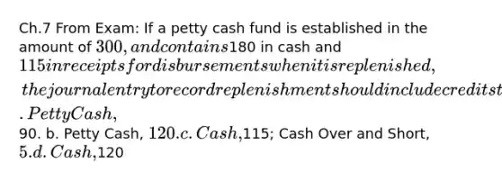 Ch.7 From Exam: If a petty cash fund is established in the amount of 300, and contains180 in cash and 115 in receipts for disbursements when it is replenished, the journal entry to record replenishment should include credits to the following account a. Petty Cash,90. b. Petty Cash, 120. c. Cash,115; Cash Over and Short, 5. d. Cash,120