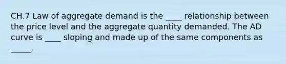 CH.7 Law of aggregate demand is the ____ relationship between the price level and the aggregate quantity demanded. The AD curve is ____ sloping and made up of the same components as _____.