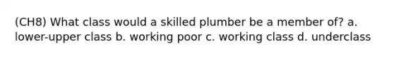 (CH8) What class would a skilled plumber be a member of? a. lower-upper class b. working poor c. working class d. underclass