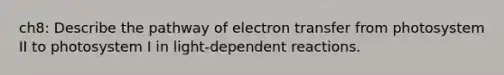 ch8: Describe the pathway of <a href='https://www.questionai.com/knowledge/kzP6QOcY63-electron-transfer' class='anchor-knowledge'>electron transfer</a> from photosystem II to photosystem I in light-dependent reactions.