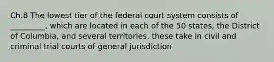 Ch.8 The lowest tier of the federal court system consists of _________, which are located in each of the 50 states, the District of Columbia, and several territories. these take in civil and criminal trial courts of general jurisdiction