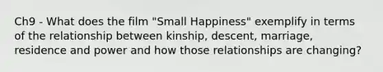 Ch9 - What does the film "Small Happiness" exemplify in terms of the relationship between kinship, descent, marriage, residence and power and how those relationships are changing?