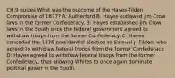 CH.9 quizes What was the outcome of the Hayes-Tilden Compromise of 1877? A: Rutherford B. Hayes outlawed Jim Crow laws in the former Confederacy. B: Hayes established Jim Crow laws in the South once the federal government agreed to withdraw troops from the former Confederacy. C: Hayes conceded the 1876 presidential election to Samuel J. Tilden, who agreed to withdraw federal troops from the former Confederacy. D: Hayes agreed to withdraw federal troops from the former Confederacy, thus allowing Whites to once again dominate political power in the South.