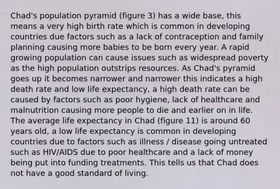 Chad's population pyramid (figure 3) has a wide base, this means a very high birth rate which is common in developing countries due factors such as a lack of contraception and family planning causing more babies to be born every year. A rapid growing population can cause issues such as widespread poverty as the high population outstrips resources. As Chad's pyramid goes up it becomes narrower and narrower this indicates a high death rate and low life expectancy, a high death rate can be caused by factors such as poor hygiene, lack of healthcare and malnutrition causing more people to die and earlier on in life. The average life expectancy in Chad (figure 11) is around 60 years old, a low life expectancy is common in developing countries due to factors such as illness / disease going untreated such as HIV/AIDS due to poor healthcare and a lack of money being put into funding treatments. This tells us that Chad does not have a good standard of living.