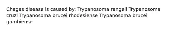 Chagas disease is caused by: Trypanosoma rangeli Trypanosoma cruzi Trypanosoma brucei rhodesiense Trypanosoma brucei gambiense