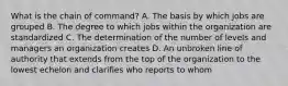 What is the chain of command? A. The basis by which jobs are grouped B. The degree to which jobs within the organization are standardized C. The determination of the number of levels and managers an organization creates D. An unbroken line of authority that extends from the top of the organization to the lowest echelon and clarifies who reports to whom