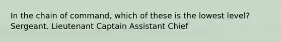 In the chain of command, which of these is the lowest level? Sergeant. Lieutenant Captain Assistant Chief