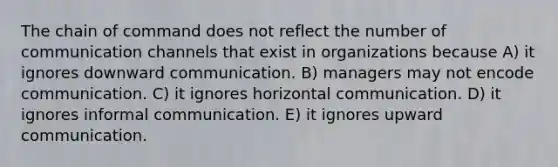 The chain of command does not reflect the number of communication channels that exist in organizations because A) it ignores downward communication. B) managers may not encode communication. C) it ignores horizontal communication. D) it ignores informal communication. E) it ignores upward communication.