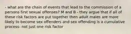 - what are the chain of events that lead to the commission of a persons first sexual offenses? M and B - they argue that if all of these risk factors are put together then adult males are more likely to become sex offenders and sex offending is a cumulative process- not just one risk factor