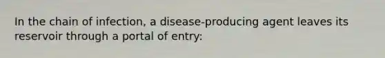 In the chain of infection, a disease-producing agent leaves its reservoir through a portal of entry: