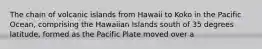 The chain of volcanic islands from Hawaii to Koko in the Pacific Ocean, comprising the Hawaiian Islands south of 35 degrees latitude, formed as the Pacific Plate moved over a