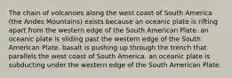 The chain of volcanoes along the west coast of South America (the Andes Mountains) exists because an oceanic plate is rifting apart from the western edge of the South American Plate. an oceanic plate is sliding past the western edge of the South American Plate. basalt is pushing up through the trench that parallels the west coast of South America. an oceanic plate is subducting under the western edge of the South American Plate.