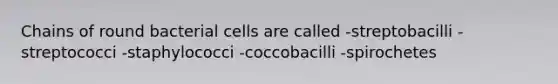 Chains of round bacterial cells are called -streptobacilli -streptococci -staphylococci -coccobacilli -spirochetes