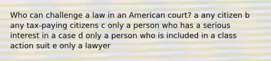 Who can challenge a law in an American court? a any citizen b any tax-paying citizens c only a person who has a serious interest in a case d only a person who is included in a class action suit e only a lawyer