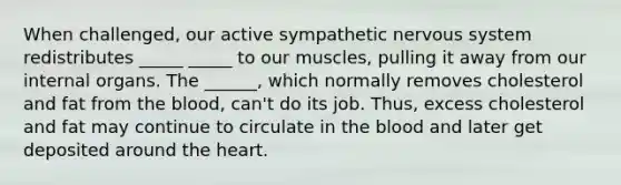 When challenged, our active sympathetic nervous system redistributes _____ _____ to our muscles, pulling it away from our internal organs. The ______, which normally removes cholesterol and fat from the blood, can't do its job. Thus, excess cholesterol and fat may continue to circulate in the blood and later get deposited around the heart.