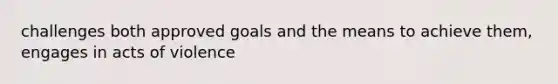 challenges both approved goals and the means to achieve them, engages in acts of violence