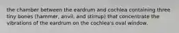 the chamber between the eardrum and cochlea containing three tiny bones (hammer, anvil, and stirrup) that concentrate the vibrations of the eardrum on the cochlea's oval window.