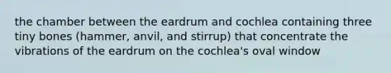 the chamber between the eardrum and cochlea containing three tiny bones (hammer, anvil, and stirrup) that concentrate the vibrations of the eardrum on the cochlea's oval window