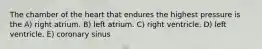 The chamber of the heart that endures the highest pressure is the A) right atrium. B) left atrium. C) right ventricle. D) left ventricle. E) coronary sinus