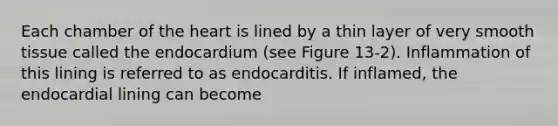 Each chamber of the heart is lined by a thin layer of very smooth tissue called the endocardium (see Figure 13-2). Inflammation of this lining is referred to as endocarditis. If inflamed, the endocardial lining can become