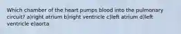 Which chamber of the heart pumps blood into the pulmonary circuit? a)right atrium b)right ventricle c)left atrium d)left ventricle e)aorta