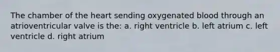 The chamber of the heart sending oxygenated blood through an atrioventricular valve is the: a. right ventricle b. left atrium c. left ventricle d. right atrium