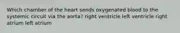 Which chamber of the heart sends oxygenated blood to the systemic circuit via the aorta? right ventricle left ventricle right atrium left atrium