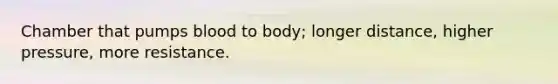 Chamber that pumps blood to body; longer distance, higher pressure, more resistance.