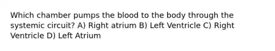 Which chamber pumps the blood to the body through the systemic circuit? A) Right atrium B) Left Ventricle C) Right Ventricle D) Left Atrium