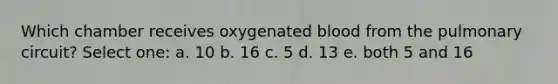 Which chamber receives oxygenated blood from the pulmonary circuit? Select one: a. 10 b. 16 c. 5 d. 13 e. both 5 and 16