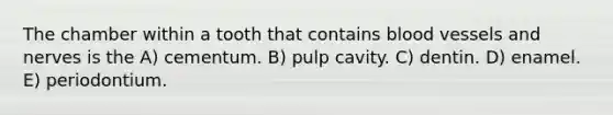 The chamber within a tooth that contains blood vessels and nerves is the A) cementum. B) pulp cavity. C) dentin. D) enamel. E) periodontium.