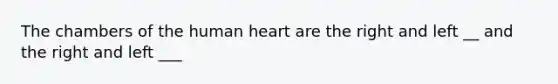 The chambers of the human heart are the right and left __ and the right and left ___