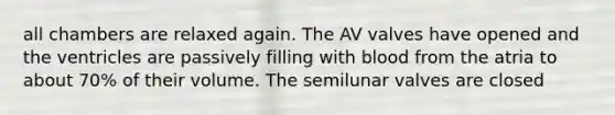 all chambers are relaxed again. The AV valves have opened and the ventricles are passively filling with blood from the atria to about 70% of their volume. The semilunar valves are closed