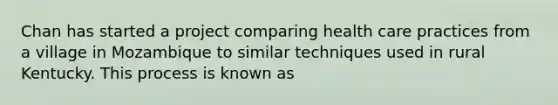 Chan has started a project comparing health care practices from a village in Mozambique to similar techniques used in rural Kentucky. This process is known as