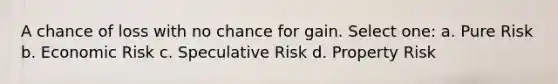 A chance of loss with no chance for gain. Select one: a. Pure Risk b. Economic Risk c. Speculative Risk d. Property Risk