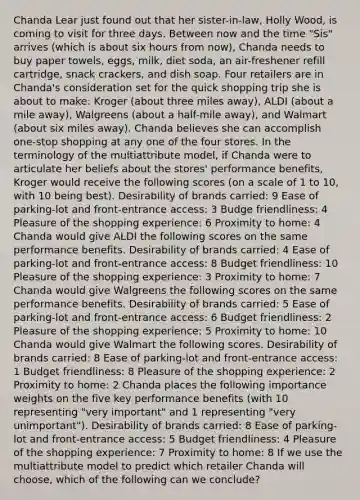 Chanda Lear just found out that her sister-in-law, Holly Wood, is coming to visit for three days. Between now and the time "Sis" arrives (which is about six hours from now), Chanda needs to buy paper towels, eggs, milk, diet soda, an air-freshener refill cartridge, snack crackers, and dish soap. Four retailers are in Chanda's consideration set for the quick shopping trip she is about to make: Kroger (about three miles away), ALDI (about a mile away), Walgreens (about a half-mile away), and Walmart (about six miles away). Chanda believes she can accomplish one-stop shopping at any one of the four stores. In the terminology of the multiattribute model, if Chanda were to articulate her beliefs about the stores' performance benefits, Kroger would receive the following scores (on a scale of 1 to 10, with 10 being best). Desirability of brands carried: 9 Ease of parking-lot and front-entrance access: 3 Budge friendliness: 4 Pleasure of the shopping experience: 6 Proximity to home: 4 Chanda would give ALDI the following scores on the same performance benefits. Desirability of brands carried: 4 Ease of parking-lot and front-entrance access: 8 Budget friendliness: 10 Pleasure of the shopping experience: 3 Proximity to home: 7 Chanda would give Walgreens the following scores on the same performance benefits. Desirability of brands carried: 5 Ease of parking-lot and front-entrance access: 6 Budget friendliness: 2 Pleasure of the shopping experience: 5 Proximity to home: 10 Chanda would give Walmart the following scores. Desirability of brands carried: 8 Ease of parking-lot and front-entrance access: 1 Budget friendliness: 8 Pleasure of the shopping experience: 2 Proximity to home: 2 Chanda places the following importance weights on the five key performance benefits (with 10 representing "very important" and 1 representing "very unimportant"). Desirability of brands carried: 8 Ease of parking-lot and front-entrance access: 5 Budget friendliness: 4 Pleasure of the shopping experience: 7 Proximity to home: 8 If we use the multiattribute model to predict which retailer Chanda will choose, which of the following can we conclude?