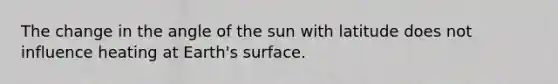 The change in the angle of the sun with latitude does not influence heating at Earth's surface.