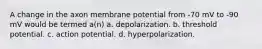 A change in the axon membrane potential from -70 mV to -90 mV would be termed a(n) a. depolarization. b. threshold potential. c. action potential. d. hyperpolarization.