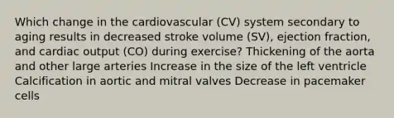 Which change in the cardiovascular (CV) system secondary to aging results in decreased stroke volume (SV), ejection fraction, and cardiac output (CO) during exercise? Thickening of the aorta and other large arteries Increase in the size of the left ventricle Calcification in aortic and mitral valves Decrease in pacemaker cells