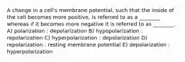 A change in a cell's membrane potential, such that the inside of the cell becomes more positive, is referred to as a ________ whereas if it becomes more negative it is referred to as ________. A) polarization : depolarization B) hypopolarization : repolarization C) hyperpolarization : depolarization D) repolarization : resting membrane potential E) depolarization : hyperpolarization