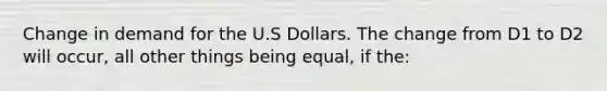 Change in demand for the U.S Dollars. The change from D1 to D2 will occur, all other things being equal, if the: