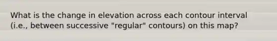 What is the change in elevation across each contour interval (i.e., between successive "regular" contours) on this map?