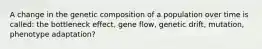 A change in the genetic composition of a population over time is called: the bottleneck effect, gene flow, genetic drift, mutation, phenotype adaptation?