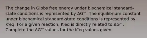 The change in Gibbs free energy under biochemical standard-state conditions is represented by ΔG°′. The equilibrium constant under biochemical standard-state conditions is represented by K′eq. For a given reaction, K′eq is directly related to ΔG°′. Complete the ΔG°′ values for the K′eq values given.