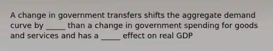 A change in government transfers shifts the aggregate demand curve by _____ than a change in government spending for goods and services and has a _____ effect on real GDP