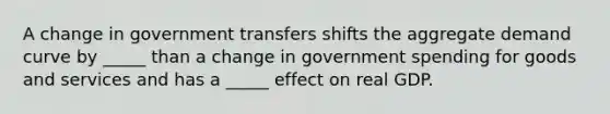 A change in government transfers shifts the aggregate demand curve by _____ than a change in government spending for goods and services and has a _____ effect on real GDP.